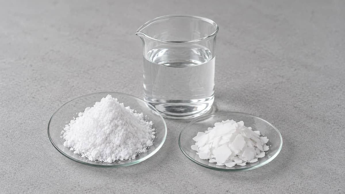 Clear colourless liquid in a glass beaker beside heaps of white crystals and white flakes