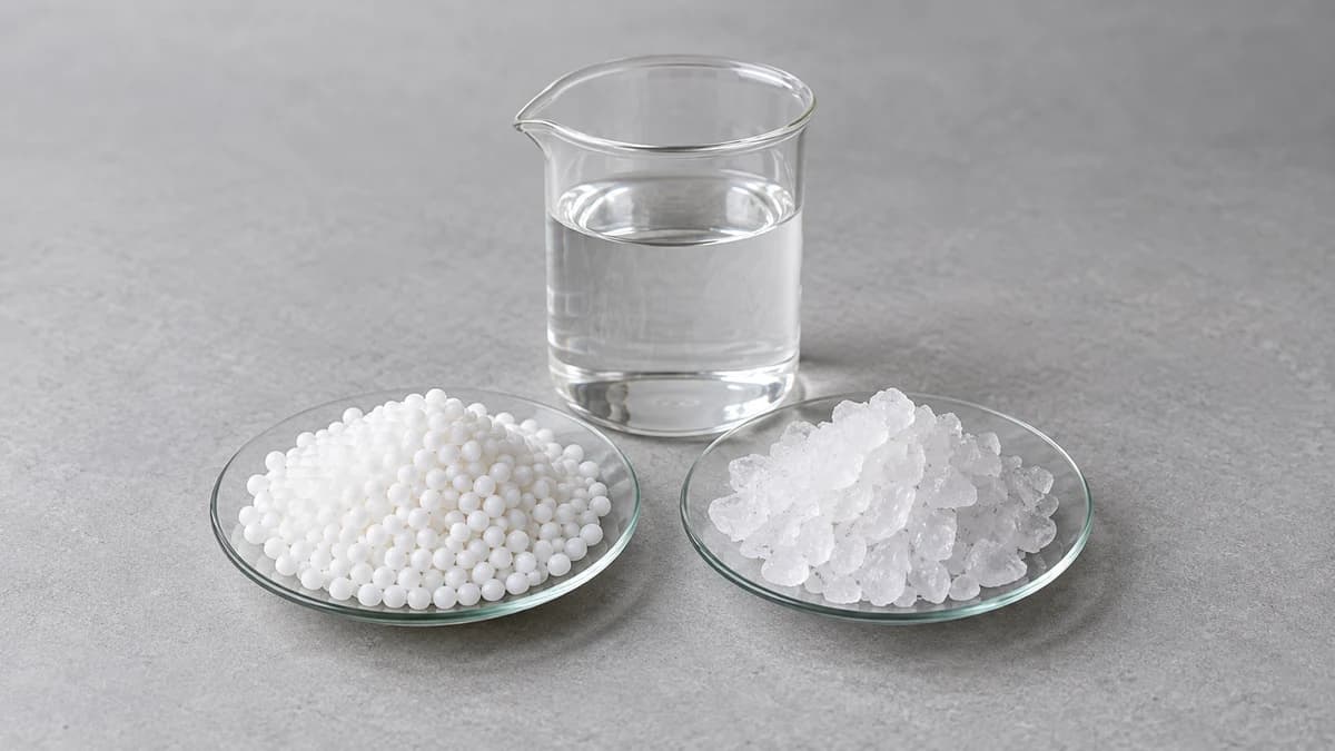 White prills and white crystals beside a beaker of clear colourless liquid