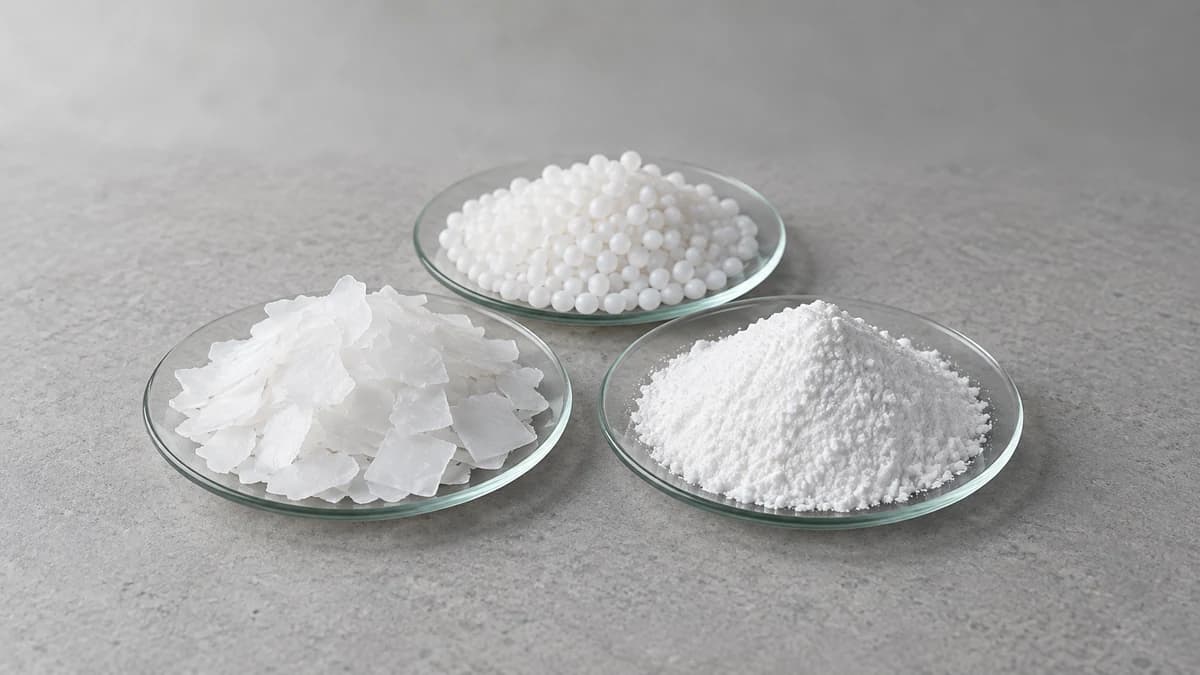 White caustic flakes, white beads and white powder on glass watch glasses