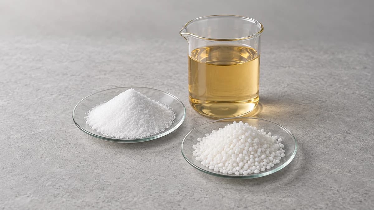 White powder and white granules beside a beaker of clear pale amber liquid