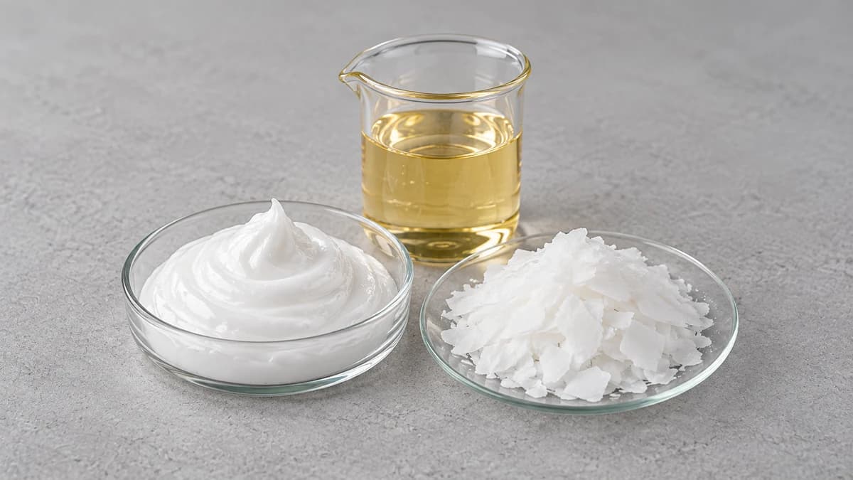 White paste, white waxy flakes and a beaker of golden viscous liquid