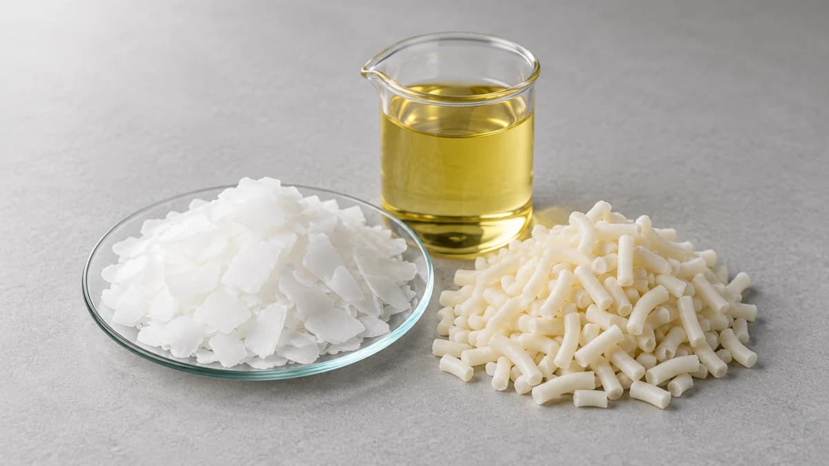 White waxy flakes, off-white soap noodles and a beaker of golden oil