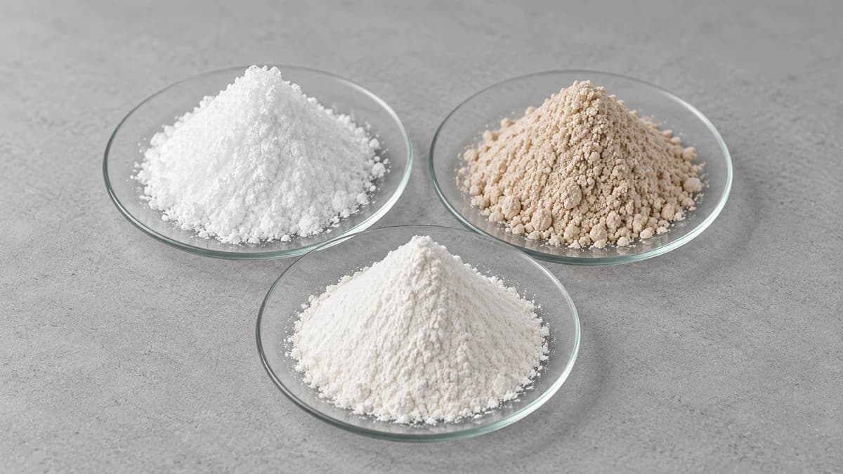 White, beige and off-white powders on glass watch glasses