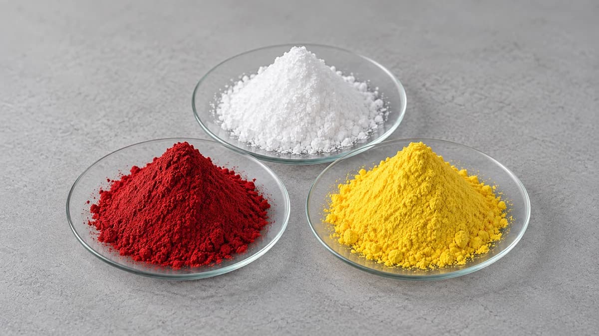 White crystals beside heaps of red and yellow powder on glass watch glasses