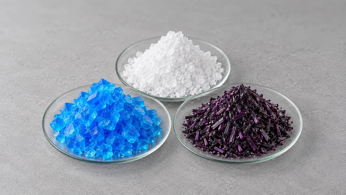 Heaps of blue crystals, dark purple crystals and white crystals on glass watch glasses