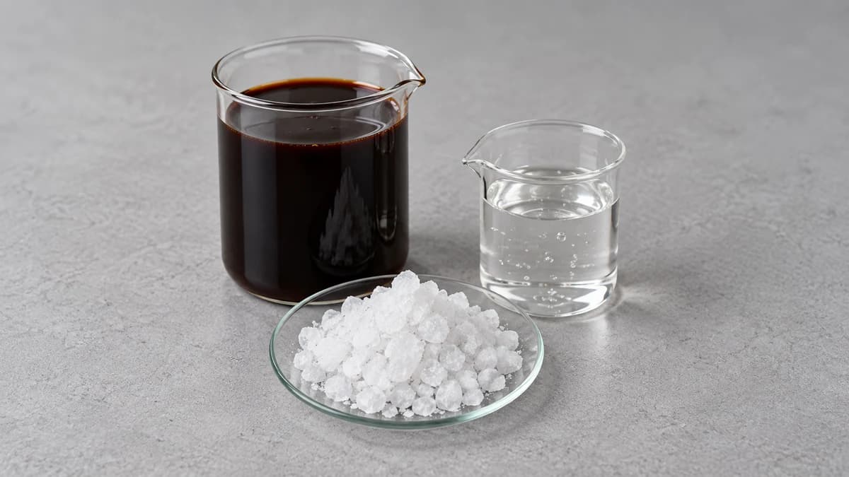 A beaker of very dark syrup, white crystals and a beaker of clear viscous liquid