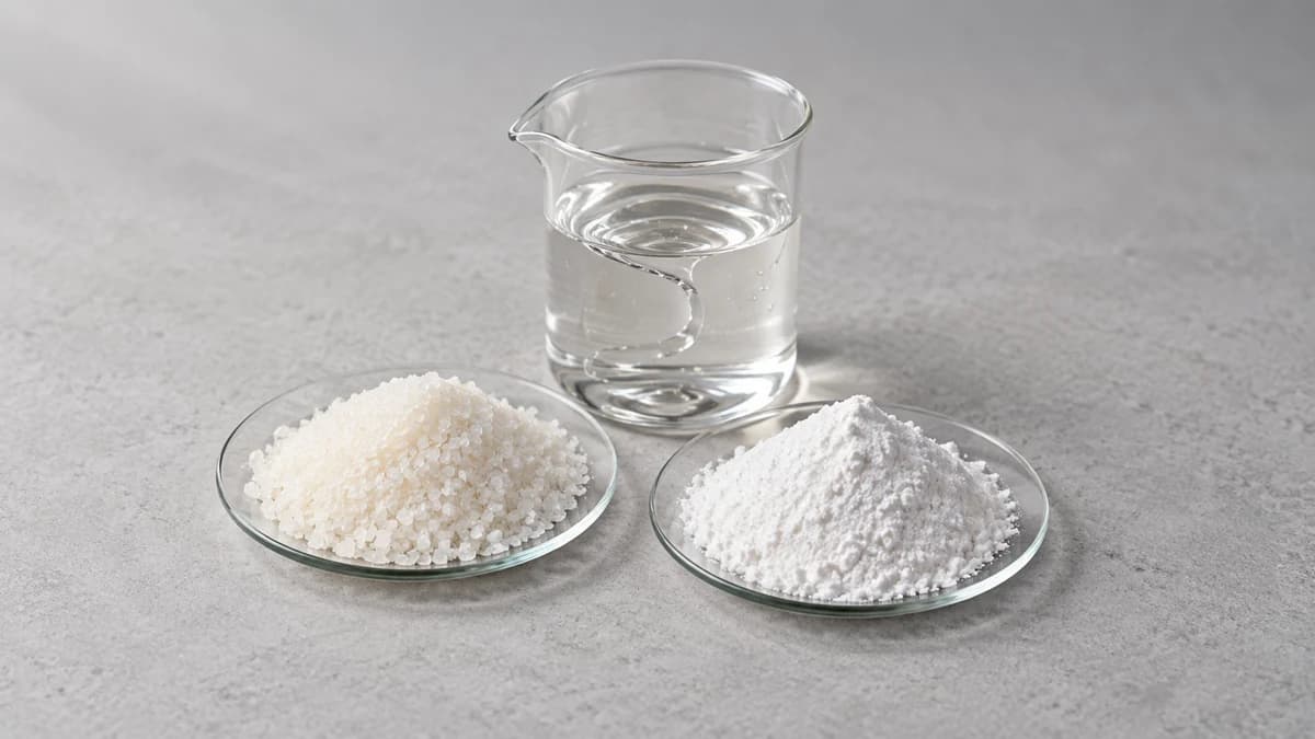 White granular powders beside a beaker of clear viscous liquid