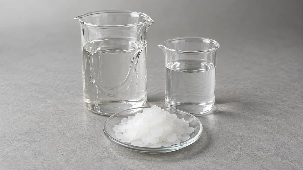 Two beakers of clear colourless liquids with a small heap of white waxy flakes