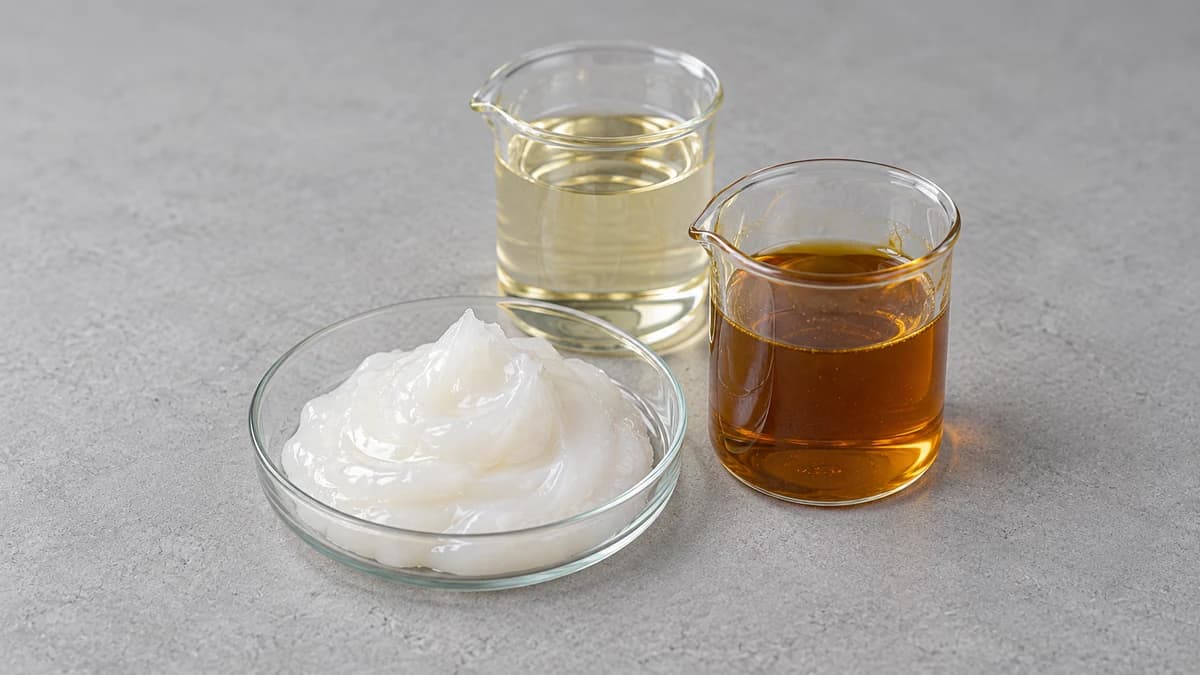 White paste in a glass dish beside beakers of amber-brown and pale yellow liquid