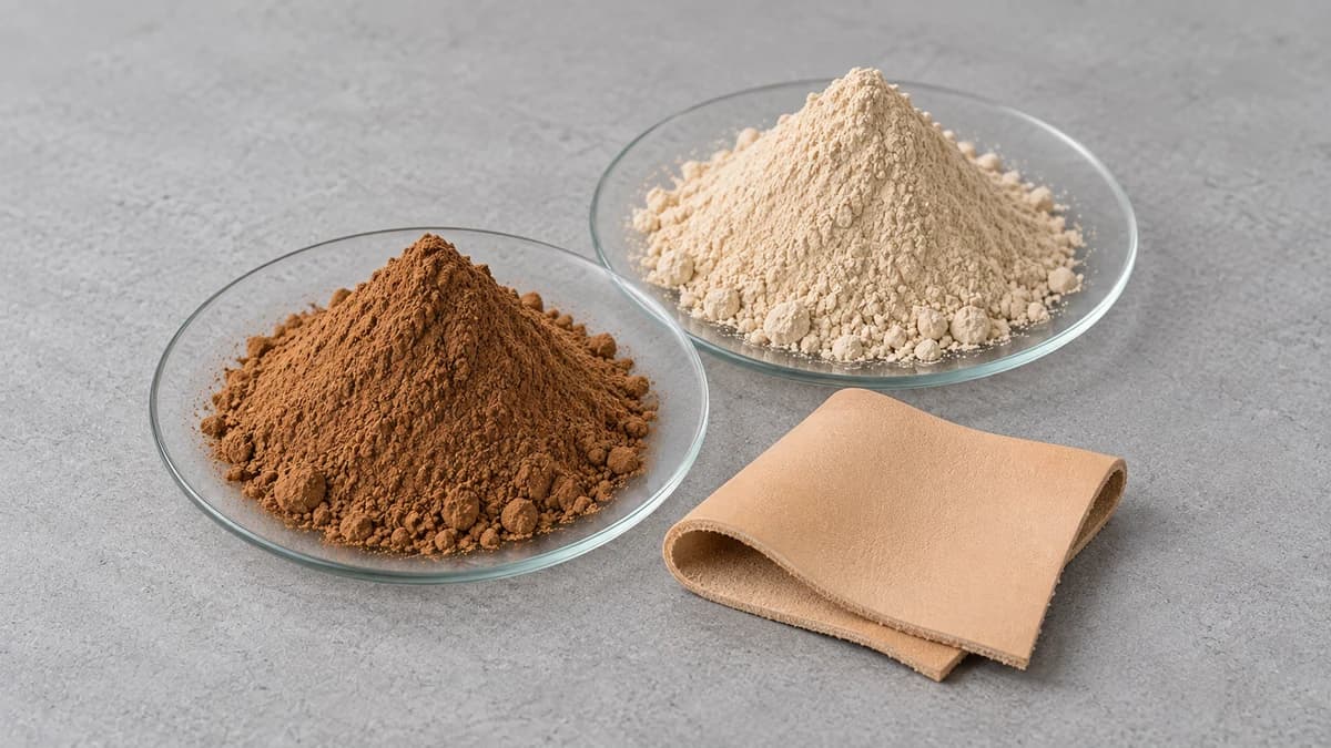 Brown and beige tannin powders beside a piece of undyed leather