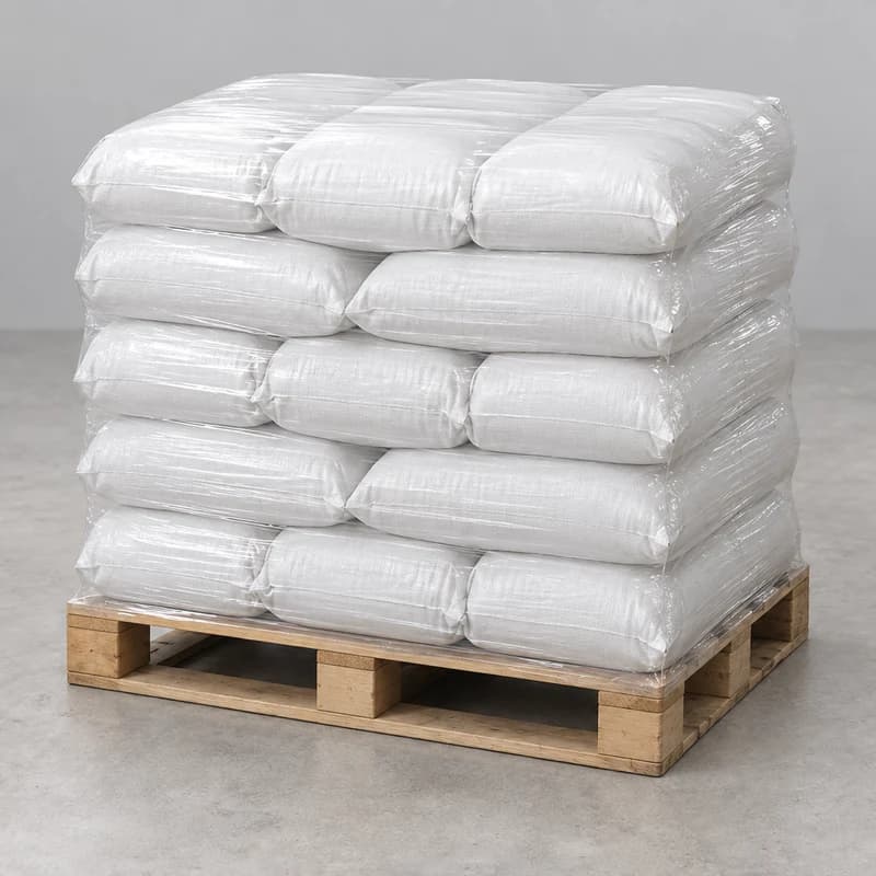 Stack of plain white woven sacks on a wooden pallet