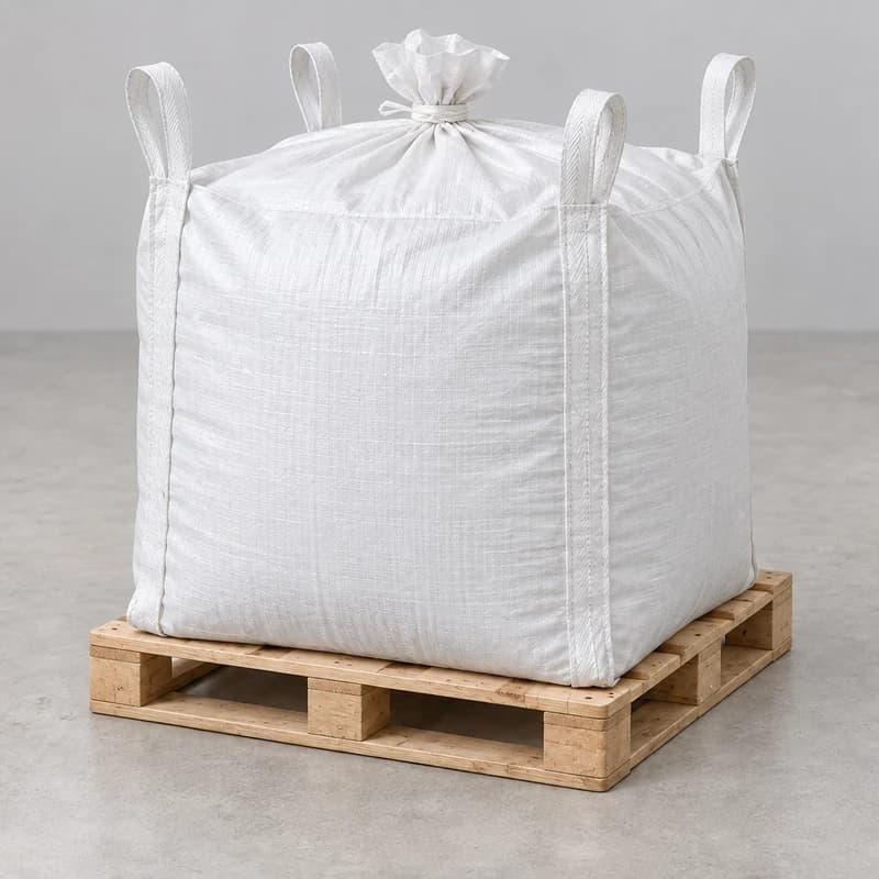 Filled white bulk bag on a wooden pallet