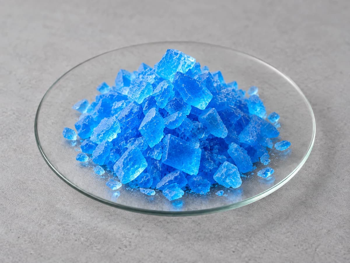 Bright blue crystals on a glass watch glass