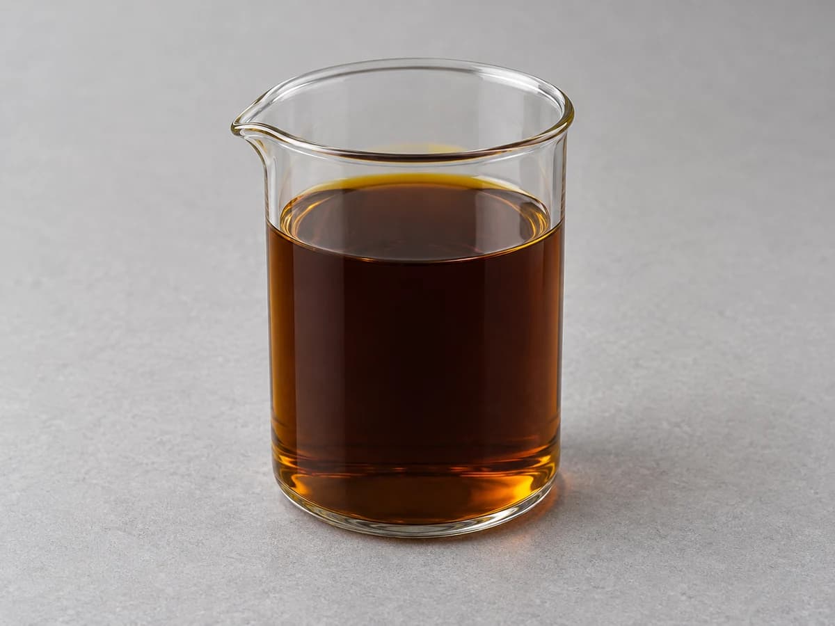 Dark brown liquid in a glass beaker