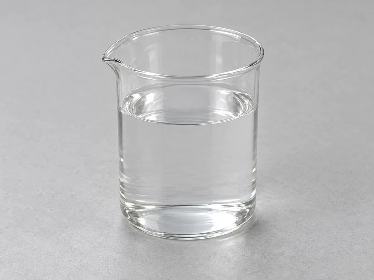 Clear colourless liquid in a glass beaker