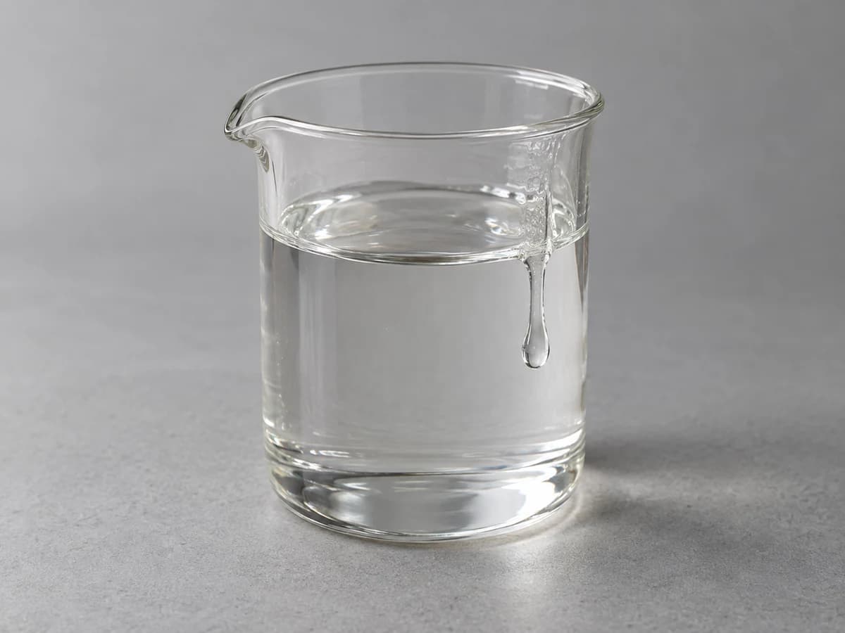Clear colourless viscous liquid in a glass beaker