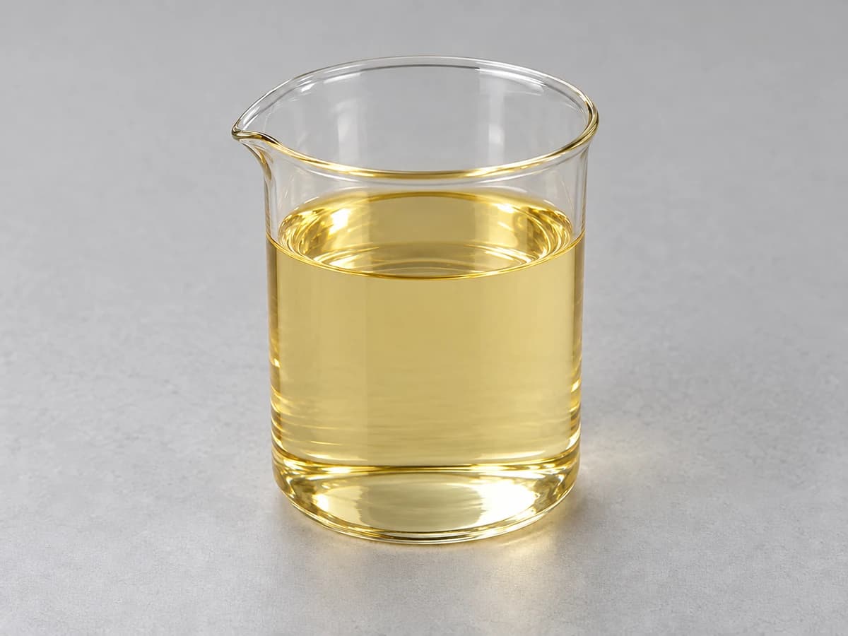 Golden-yellow viscous oil in a glass beaker
