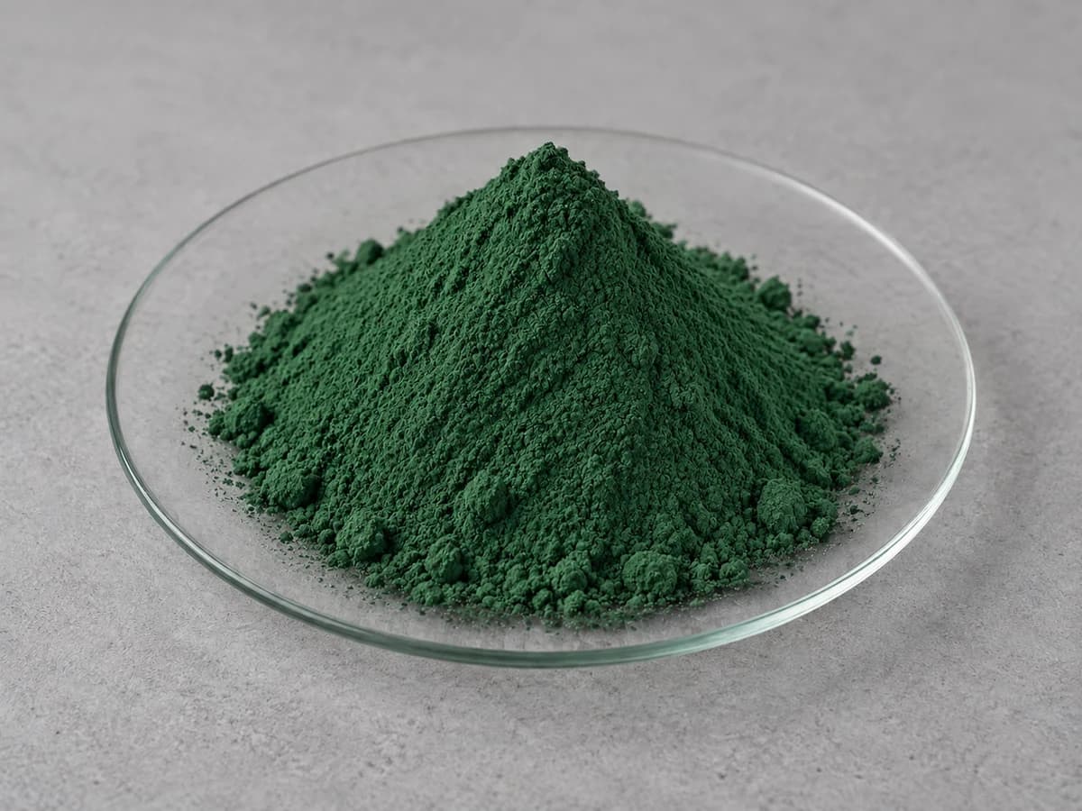 Dark green powder on a glass watch glass