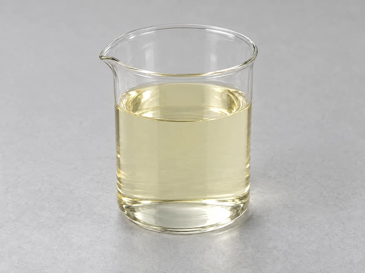 Clear pale yellow liquid in a glass beaker