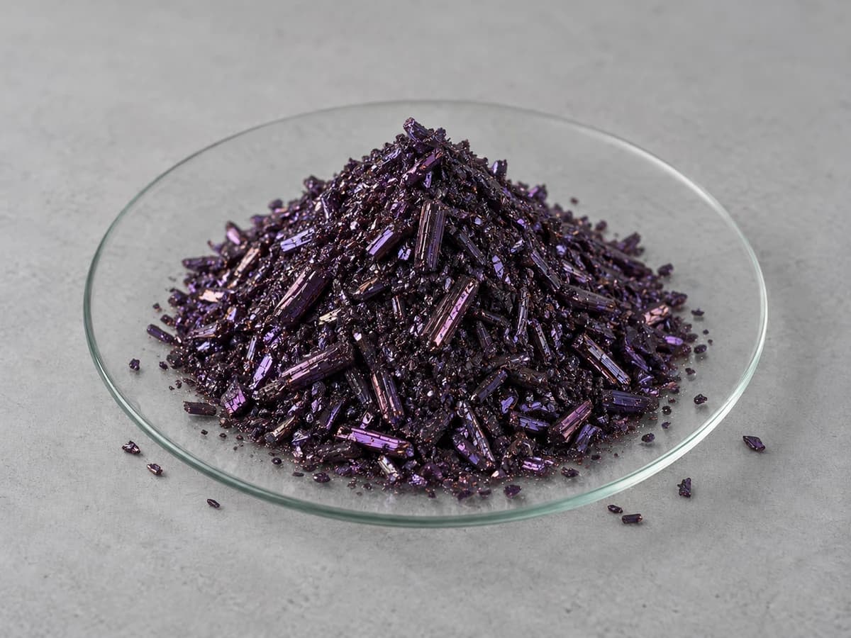 Dark purple crystals on a glass watch glass