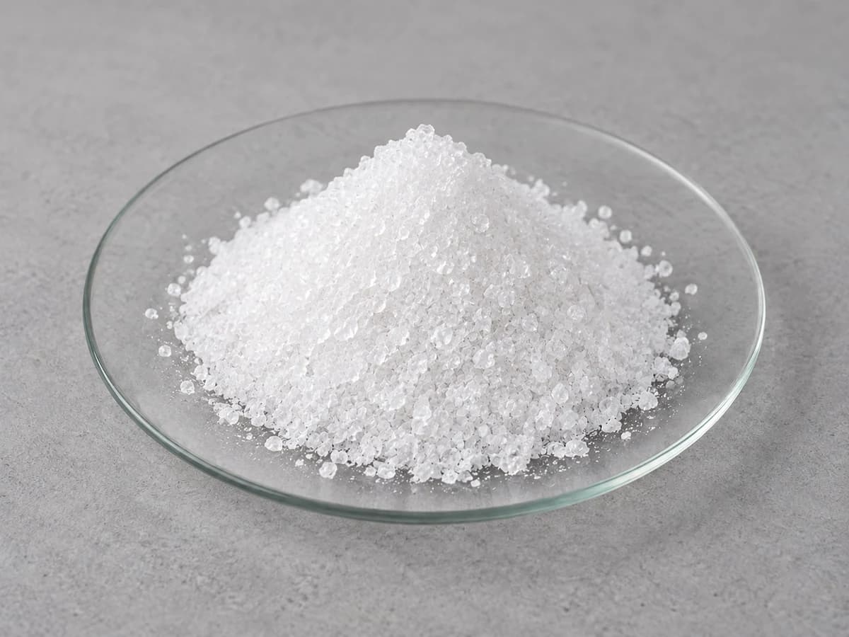 White crystals on a glass watch glass