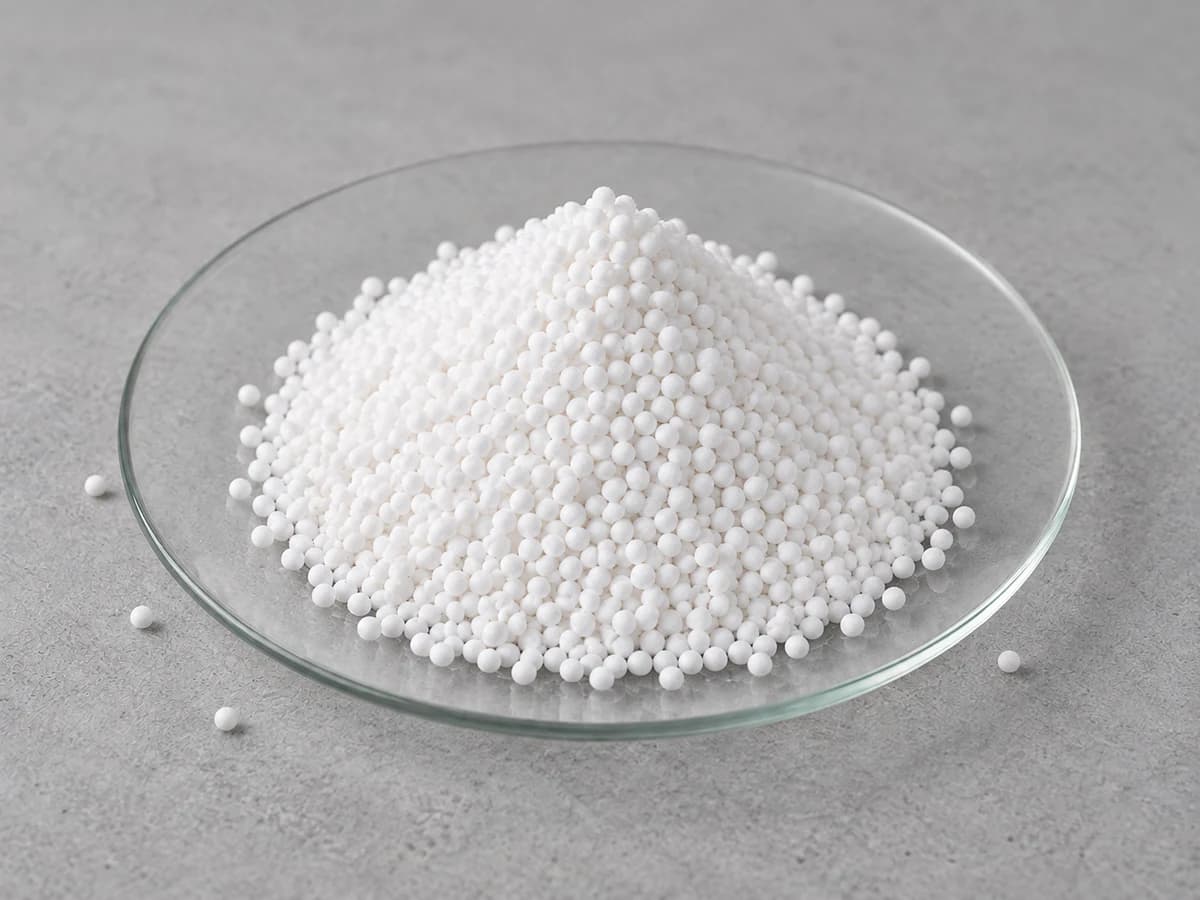 White granules on a glass watch glass