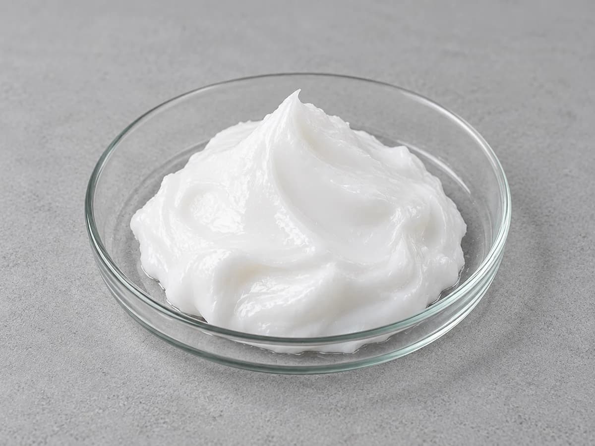 White paste in a shallow glass dish