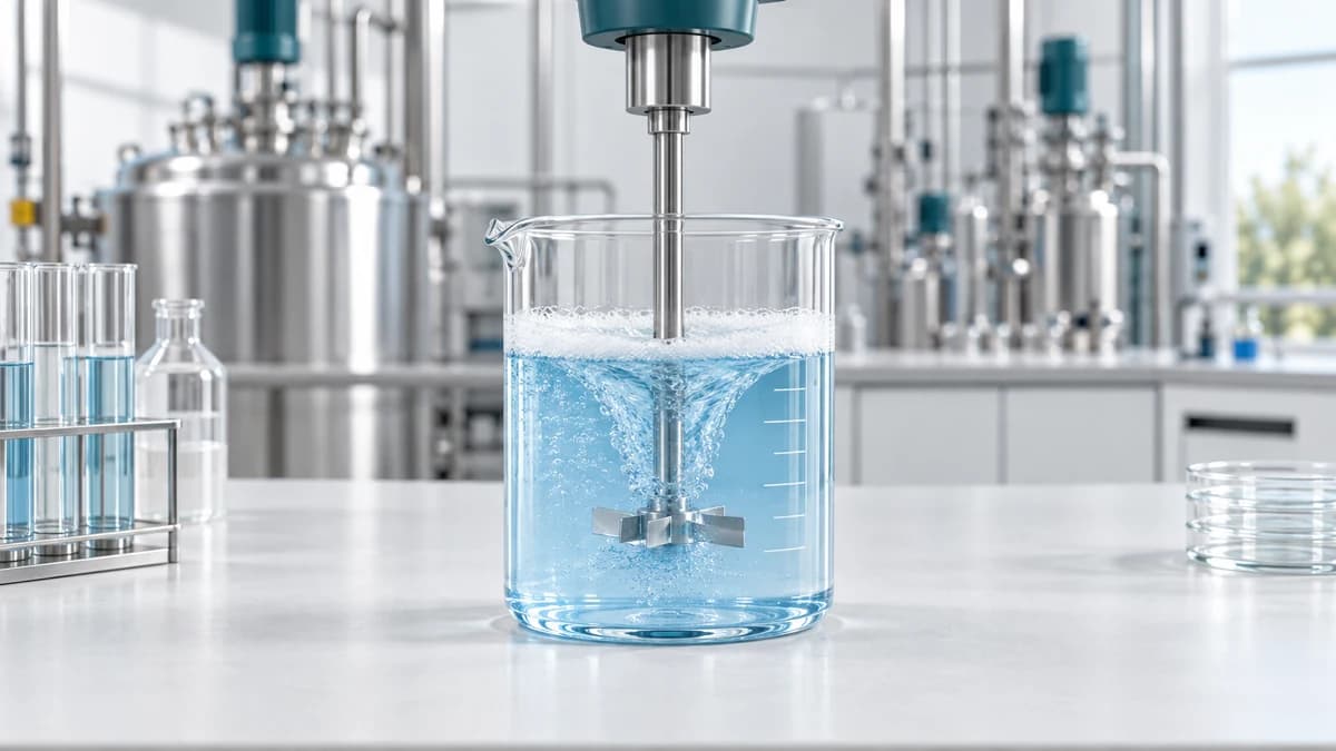 Pale blue liquid detergent with light foam in a glass beaker under an overhead stirrer, stainless mixing vessels behind