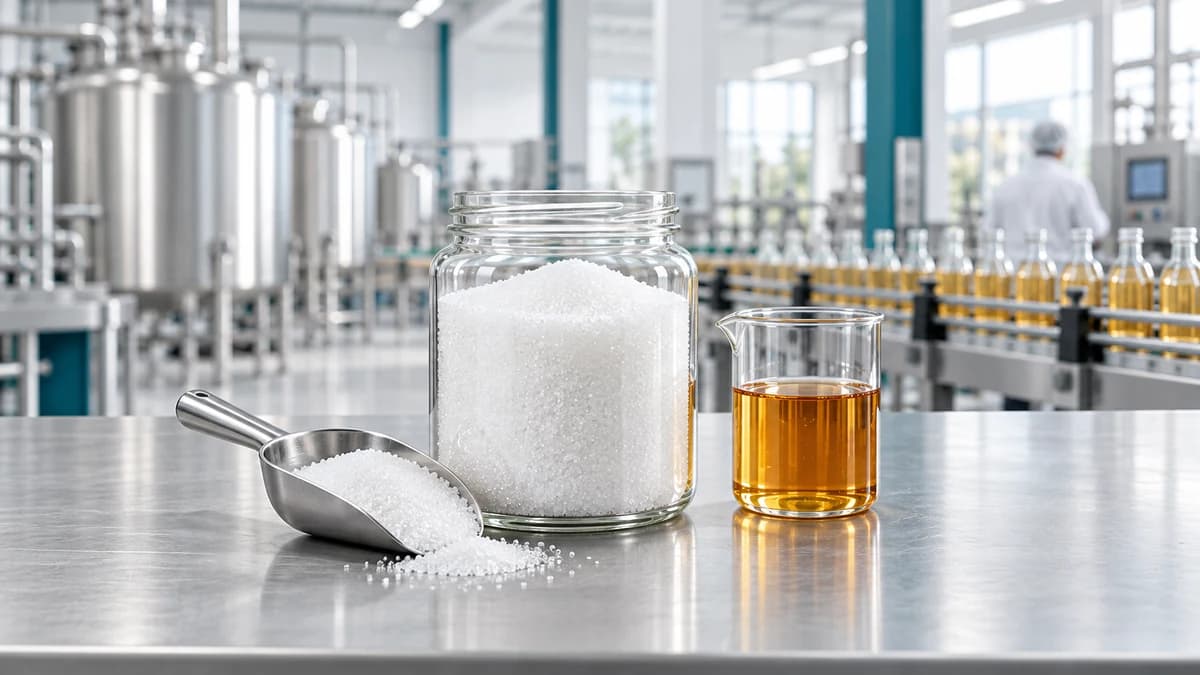 White crystalline sweetener in a glass jar and amber syrup in a beaker on a stainless bench of a food plant