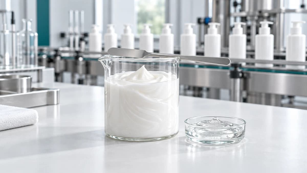 Pearlescent cream in a glass beaker with a spatula, unlabelled white pump bottles on a filling line behind