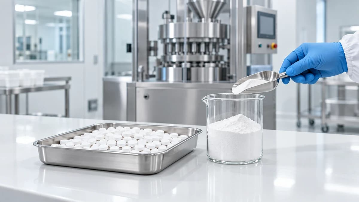 White tablets in a stainless tray beside a beaker of white excipient powder in a clean room