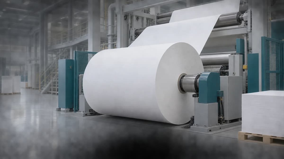 A large jumbo reel of white paper at the end of a paper machine
