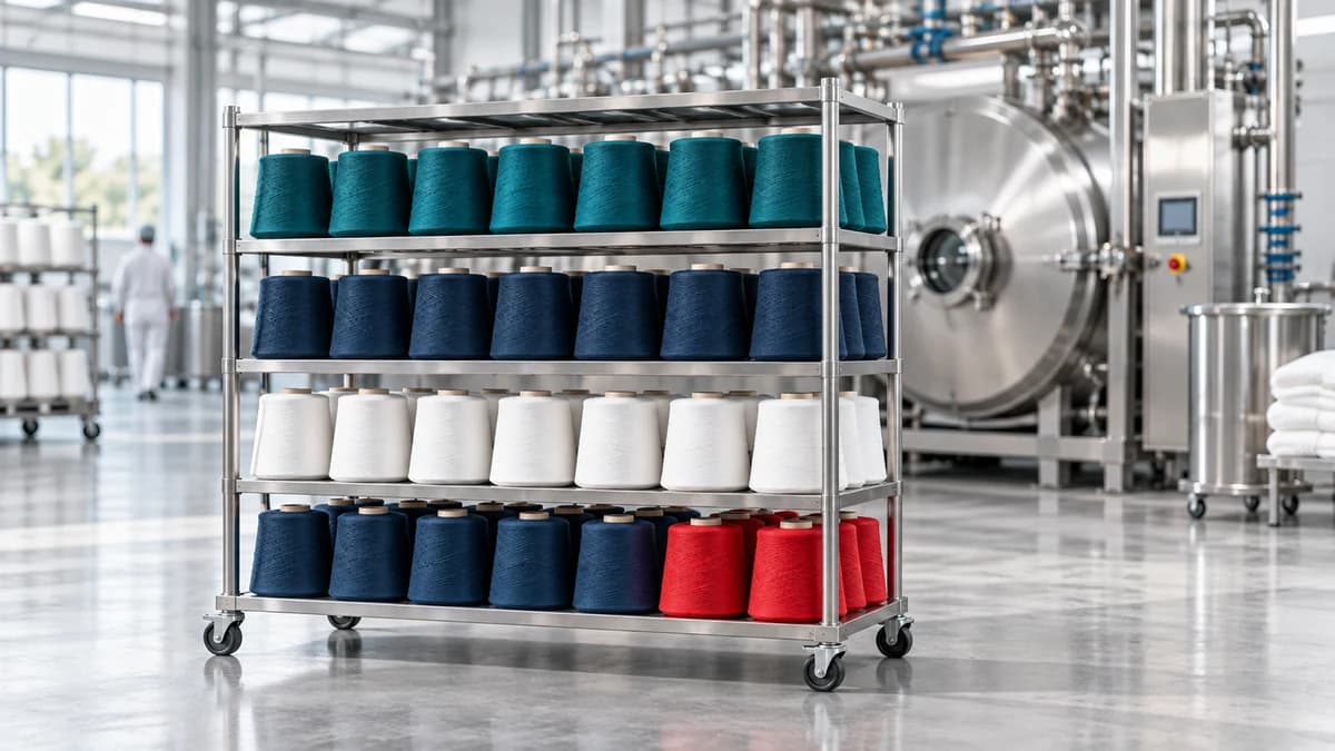 Cones of dyed yarn in teal, ink blue, white and red on a rack before a stainless dyeing machine