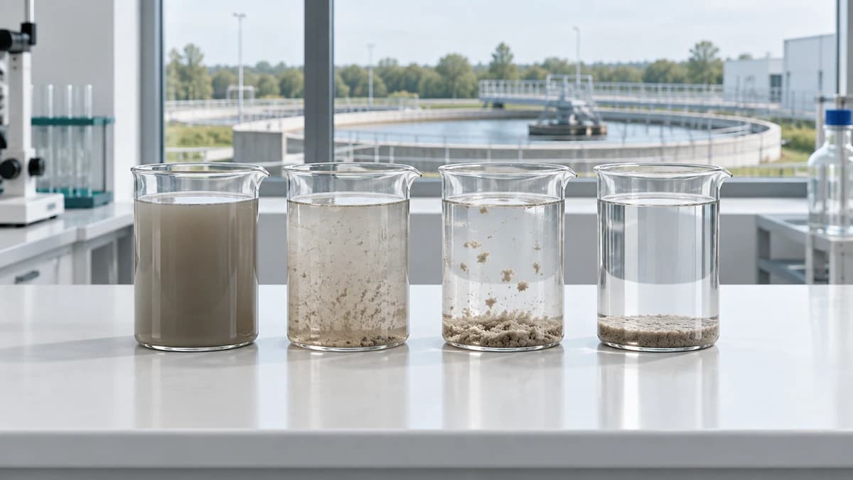 Jar-test beakers turning from cloudy to clear in front of a window onto clarifier basins