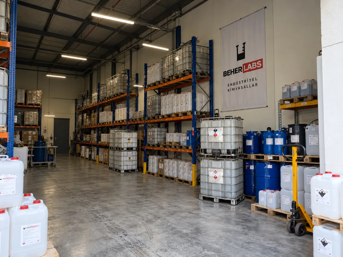 Warehouse interior: IBC totes and jerrycans on pallet racking, stacked IBCs, blue drums and a pallet truck