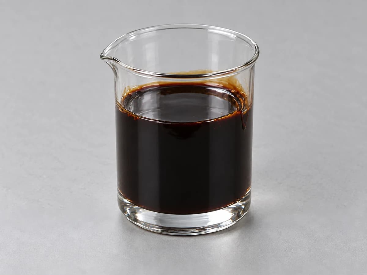 Very dark brown syrup in a glass beaker
