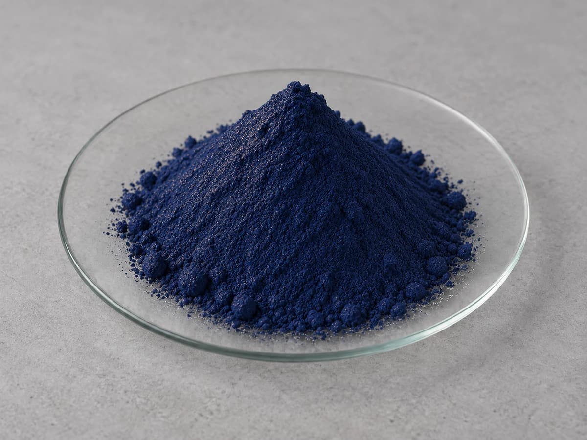 Dark blue powder on a glass watch glass