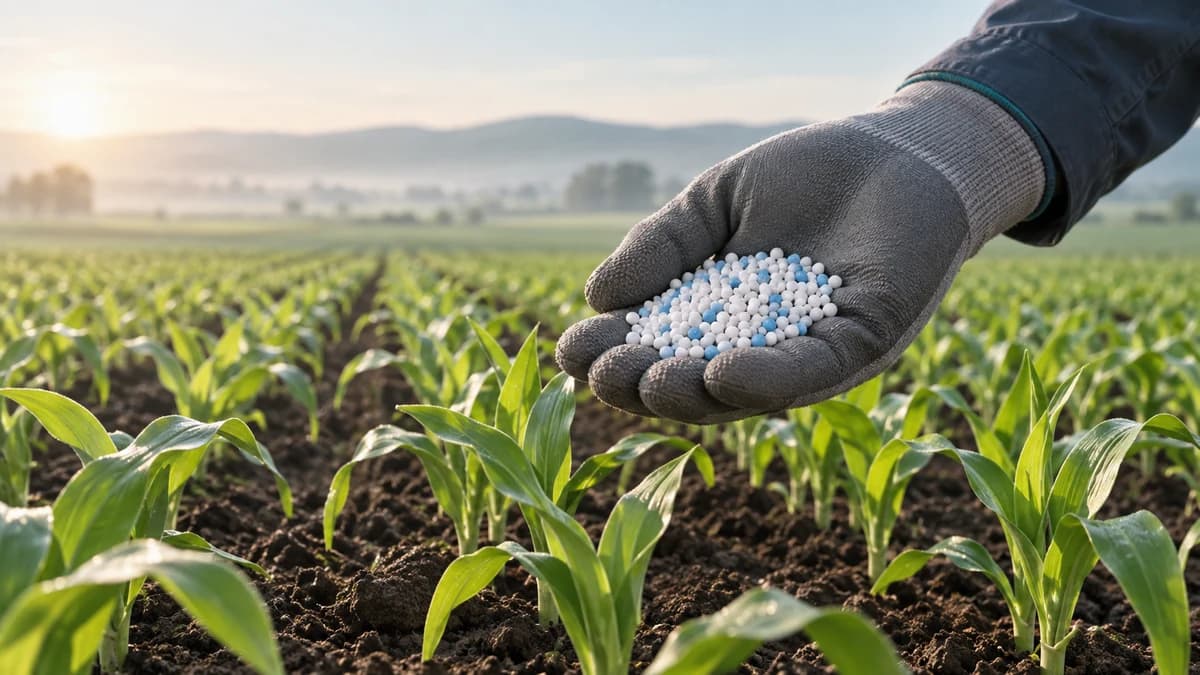 A gloved hand holding white and pale blue fertilizer granules above rows of young green crops