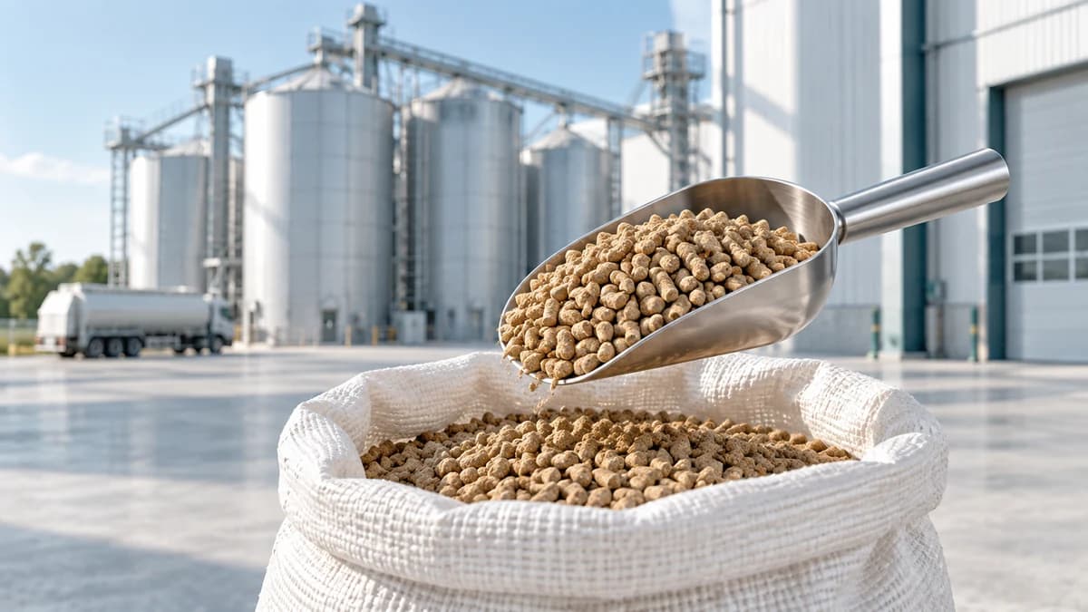 Compound feed pellets in a stainless scoop in front of feed mill silos