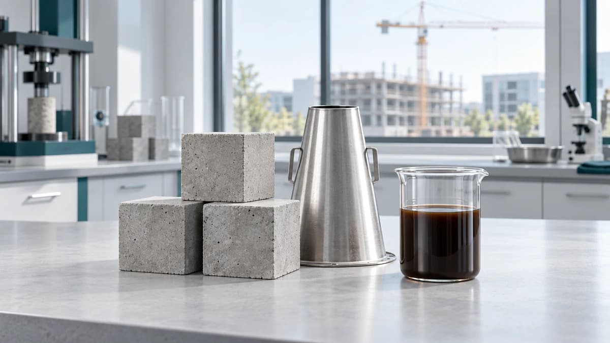 Grey concrete test cubes and a beaker of brown liquid admixture on a lab bench