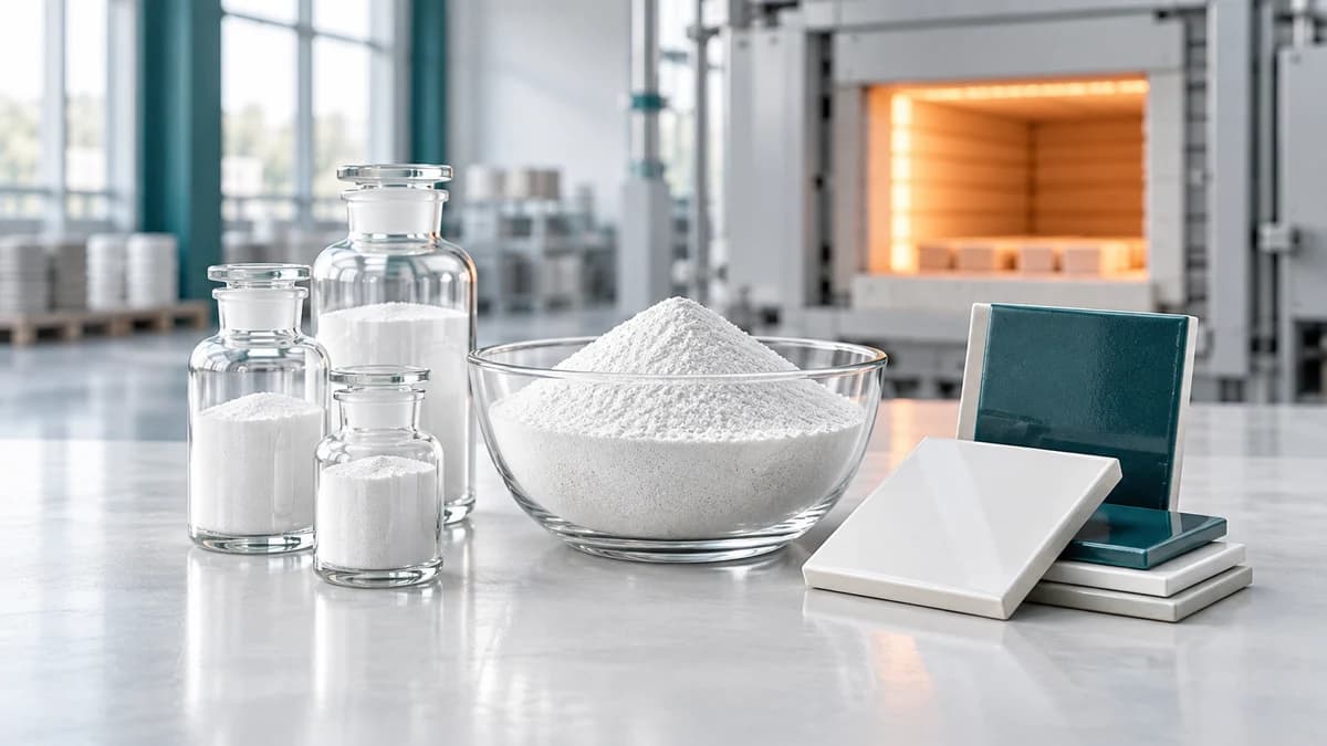 Clear glass bottles and glazed ceramic tiles beside a bowl of white soda ash, a kiln glowing behind