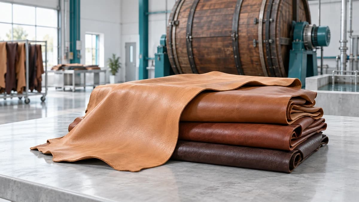 Stacked natural leather hides in tan and brown tones beside a wooden tanning drum