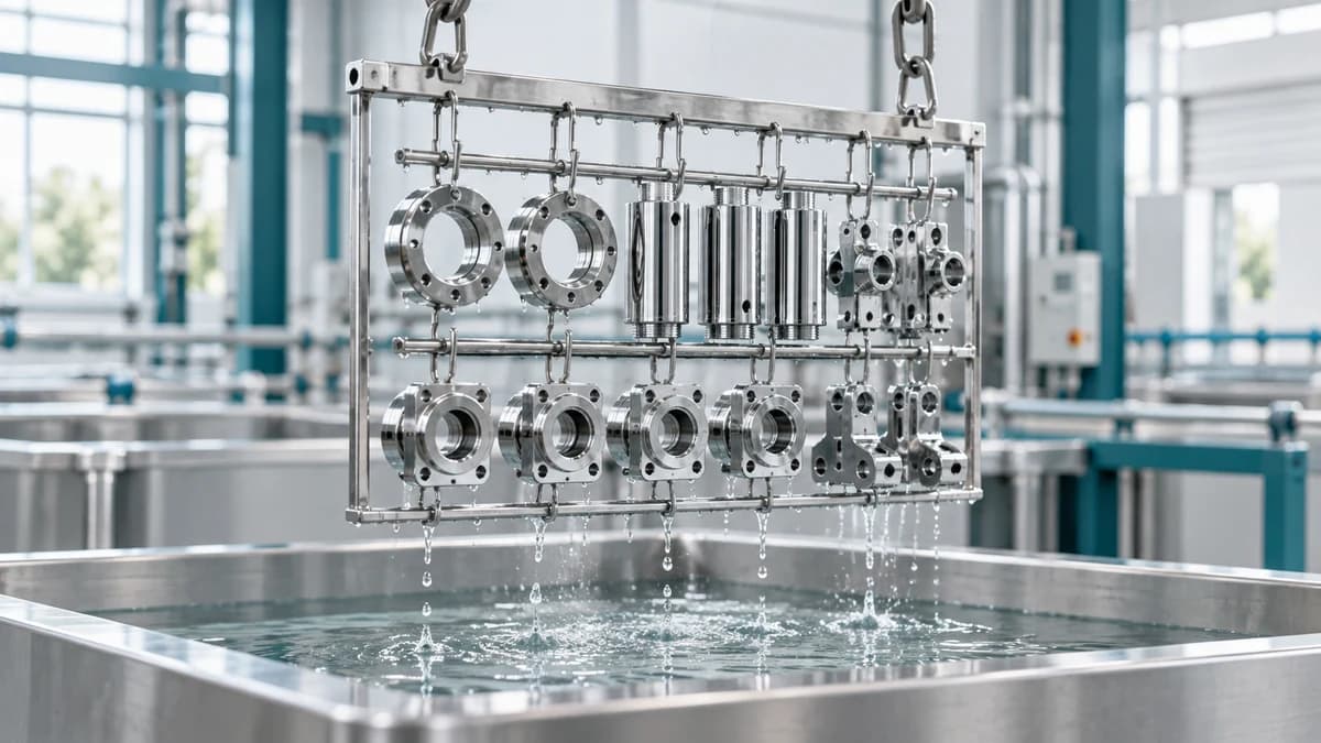 Polished steel parts on a plating rack above a stainless process tank