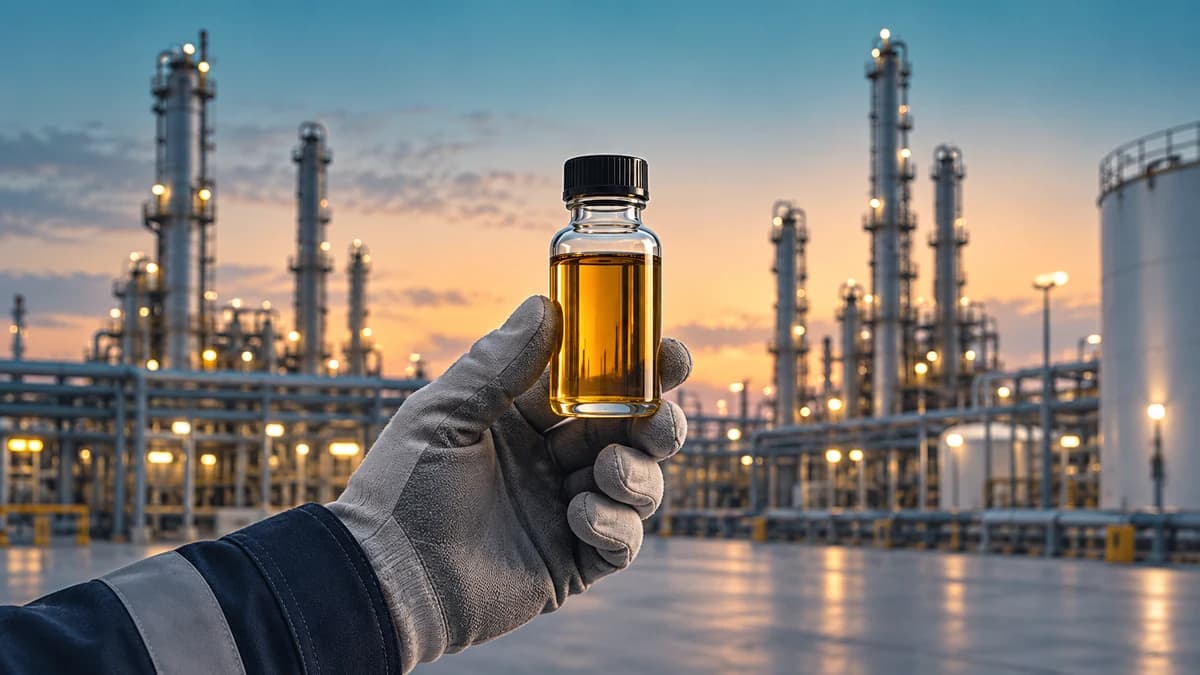 A gloved hand holding a glass sample bottle of amber oil in front of refinery columns at dusk