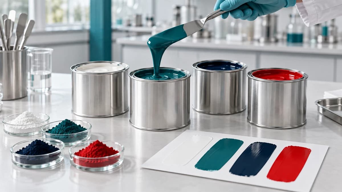 Open tins of thick paint in white, teal, ink blue and red beside a drawdown card of colour strips