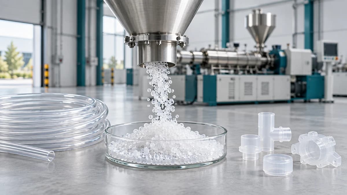 Clear and white polymer pellets pouring from a stainless hopper beside extruded tubing