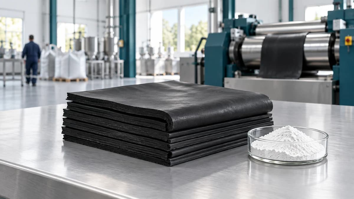 Stacked black rubber sheets beside a dish of white zinc oxide powder, a two-roll mill behind