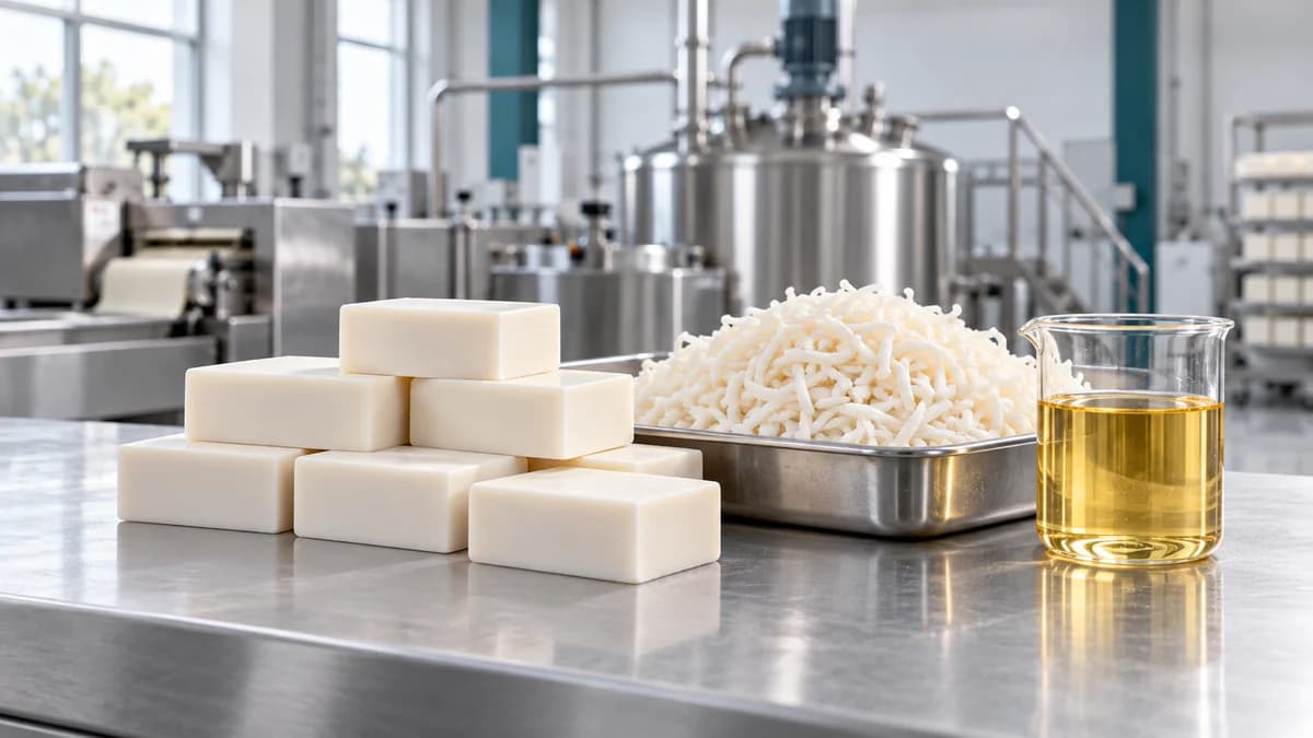 Stacked ivory bar soaps, white soap noodles and a beaker of golden fatty acid