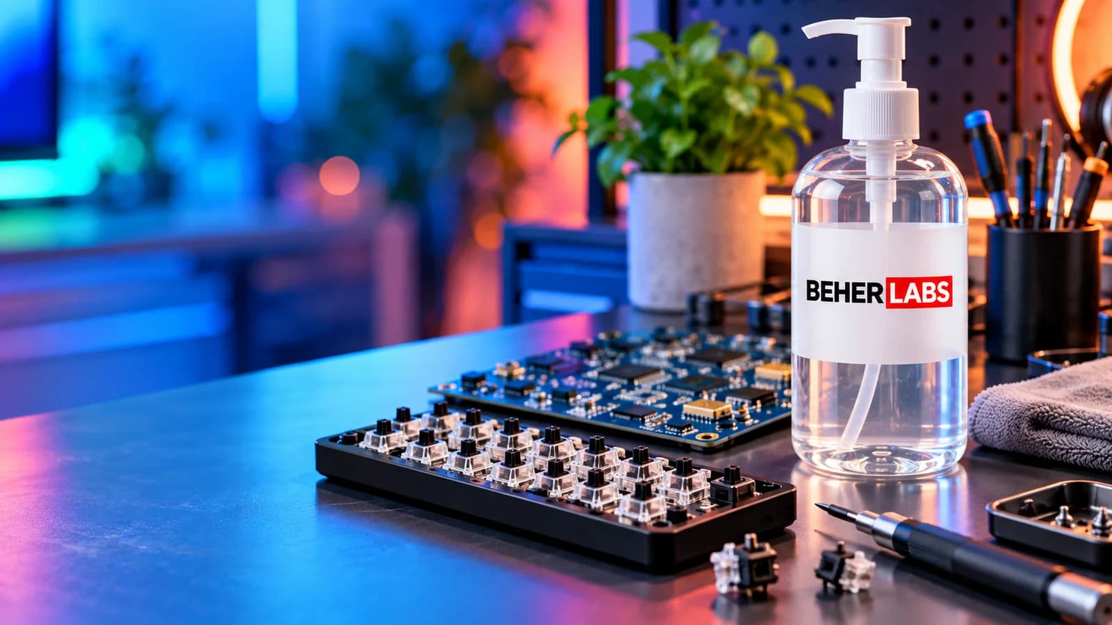 Elektronik çalışma masasında klavye devre kartının yanında duran, pompa başlıklı Beherlabs şişesi