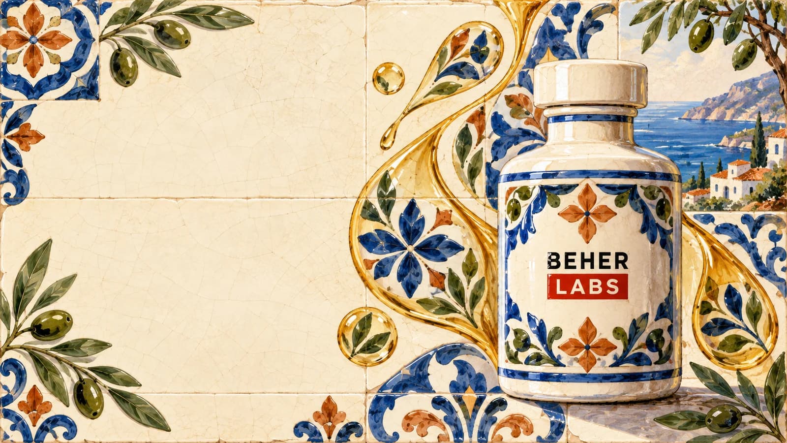 Çini desenli duvarın ve zeytin dallarının önünde duran, aynı desenle bezenmiş Beherlabs etiketli şişe